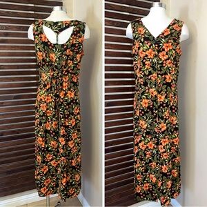 Vintage 1990s Black Green Orange Floral Sleeveless Hawaiian Tie Waist Maxi Dress